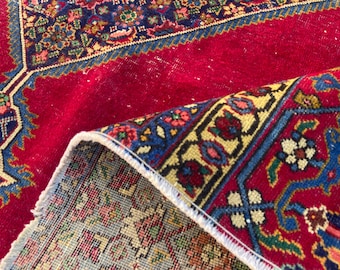 Turkish rug Vintage Area Large rug - Persiani rug Hand Woven Wool Rug - Red Blue Geomatric Rug Pastel Turkish Rug Bedroom Rugs 9.6x9.9 rug