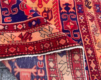 Persiani Rug Antique Rug - Wool Red Blue Wide Rug - Unique Rug Handwoven Wool Persiani Runner Rug: Vintage Turkish Kitchen Rug 4.2x9.9 Ft