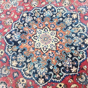 Tapete persa vintage feito à mão: tapete Kazak vermelho e azul de 5,2 x 8,5 pés, tapete oriental - tapete feito à mão, tapete de lã - tapete persa antigo, tapete de área
