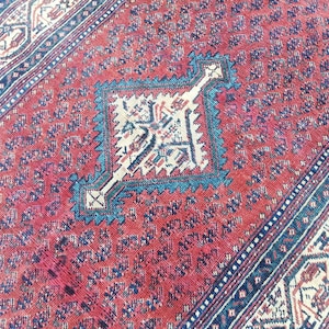 Tapete antigo - Tapete persa pequeno Tapete vermelho azul - Tapete de decoração oriental - Tapete de lã Tapete tecido à mão - Tapete turco vintage - 3,2 x 4,7 pés