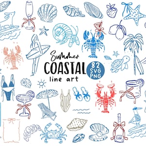 Summer Png, Coastal clipart bundle, Hand-drawn beach ocean elements, Summer nautical SVG, PNG, Seaside, Ocean, Bachelorette Party
