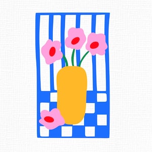 Puede incluir: Ilustraci&oacute;n digital de un jarr&oacute;n amarillo con flores rosas y centros rojos. El jarr&oacute;n se encuentra sobre un fondo a cuadros y a rayas azules y blancas. Dos flores adicionales est&aacute;n dispersas debajo.