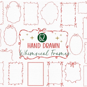 Op de afbeelding: Een verzameling van 62 handgetekende grillige frames in rood. De frames variëren in vorm, waaronder rechthoeken, ovalen en onregelmatige vormen, vaak versierd met strikken. De tekst "62 Hand Drawn Whimsical Frames" is ook aanwezig.