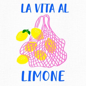 Puede incluir: Ilustraci&oacute;n de una bolsa de red rosa llena de limones amarillos, con hojas verdes. El texto "LA VITA AL LIMONE" est&aacute; escrito en azul arriba y abajo de la bolsa, sobre un fondo blanco.