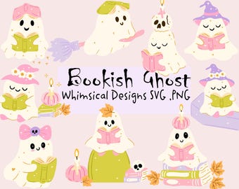 Bücherwurm Clipart-Set, niedlicher Geist, gruseliges Halloween, Halloween-Ästhetik, gemütliches Buchdesign, Halloween-Library Design