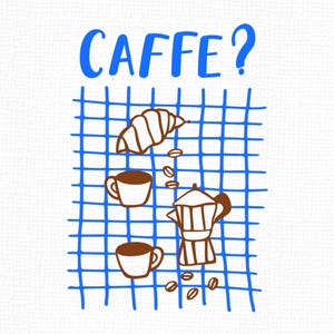 Puede incluir: Ilustraci&oacute;n de elementos relacionados con el caf&eacute;. La imagen presenta un fondo de cuadr&iacute;cula azul con la palabra "CAFFE?" en azul. Incluye un cruas&aacute;n, dos tazas de caf&eacute;, una cafetera y granos de caf&eacute;.