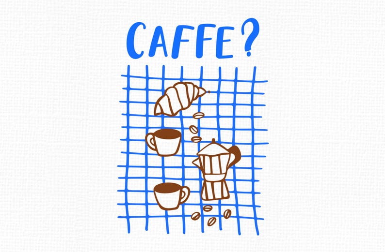 Puede incluir: Ilustraci&oacute;n de elementos relacionados con el caf&eacute;. La imagen presenta un fondo de cuadr&iacute;cula azul con la palabra "CAFFE?" en azul. Incluye un cruas&aacute;n, dos tazas de caf&eacute;, una cafetera y granos de caf&eacute;.