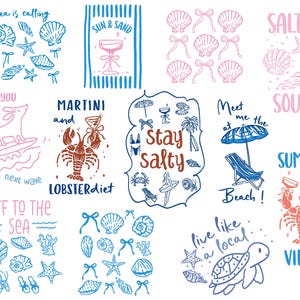 以下が含まれることがあります： 夏のテーマのカラフルなイラストの集まり。イラストには、サーフィンをする犬、ロブスター、カメ、貝殻、そして「The sea is calling」、「Martini and Lobsterdiet」、「Stay Salty」、「Meet me at the Beach」、「Summer Vibes」、「Off to the Sea」、「Salty Soul」、「Live like a local」というテキストが含まれています。