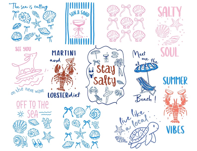 May include: A collection of colorful illustrations with summer themes. The illustrations include a dog surfing, a lobster, a turtle, seashells, and text that says "The sea is calling", "Martini and Lobsterdiet", "Stay Salty", "Meet me at the Beach", "Summer Vibes", "Off to the Sea", "Salty Soul", and "Live like a local".
