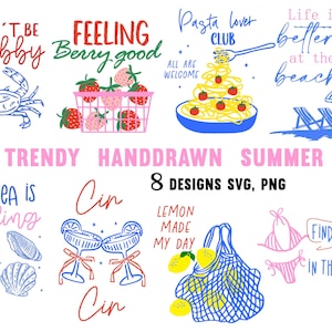 Peut inclure: Ensemble de huit motifs estivaux dessinés à la main, aux formats SVG et PNG. Les motifs comprennent des phrases comme « Ne soyez pas grincheux », « Feeling berry good » et « La vie est meilleure à la plage », avec des illustrations.