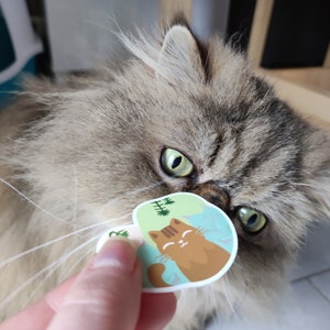 Pode incluir: Um close-up do rosto de um gato com olhos verdes. O gato est&aacute; olhando para um adesivo com um gato de desenho animado. O adesivo &eacute; verde, amarelo e marrom com fundo branco. O adesivo tem o texto "Happy Cat".