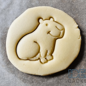 Könnte beinhalten: Nahaufnahme eines einfachen, runden Kekses mit einem eingeprägten Capybara-Motiv. Der Keks liegt auf einer braunen Oberfläche.