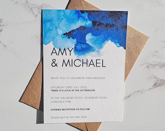 Blue Watercolour Wedding Invitations, Navy Blue Minimalist Wedding Invitations, Printed 5 x 7 inch Wedding Invitation Suite, Luxury Invites