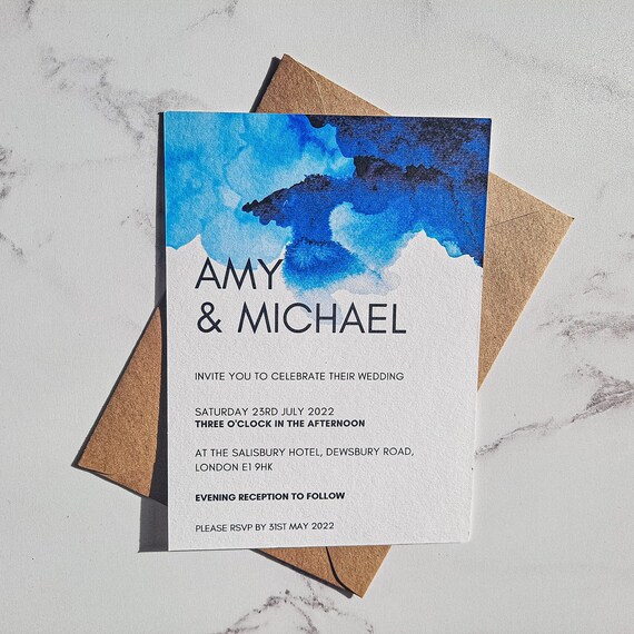 Blue Watercolour Wedding Invitations, Navy Blue Minimalist Wedding Invitations, Printed 5 x 7 inch Wedding Invitation Suite, Luxury Invites