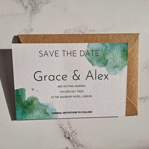Groene aquarel Splash Save The Dates, Minimale Save The Date, Moderne Save The Date Kaarten, afgedrukt 100 x 148mm, Save The Date Sjabloon