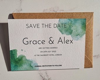 Green Watercolor Splash Save The Dates, Minimal Save The Date, Modern Save The Date Cards, Printed 100 x 148mm, Save The Date Template