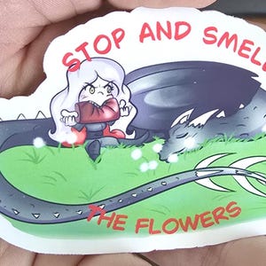 May include: A sticker with a cartoon illustration and the text "STOP AND SMELL THE FLOWERS." The image depicts a dragon and a character with white hair and a red outfit on a green background.