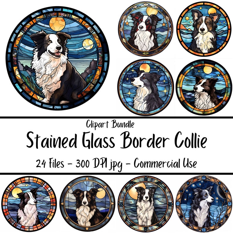 Stained Glass Style Border Collie Bundle 24 Hq JPG Digital Etsy Australia