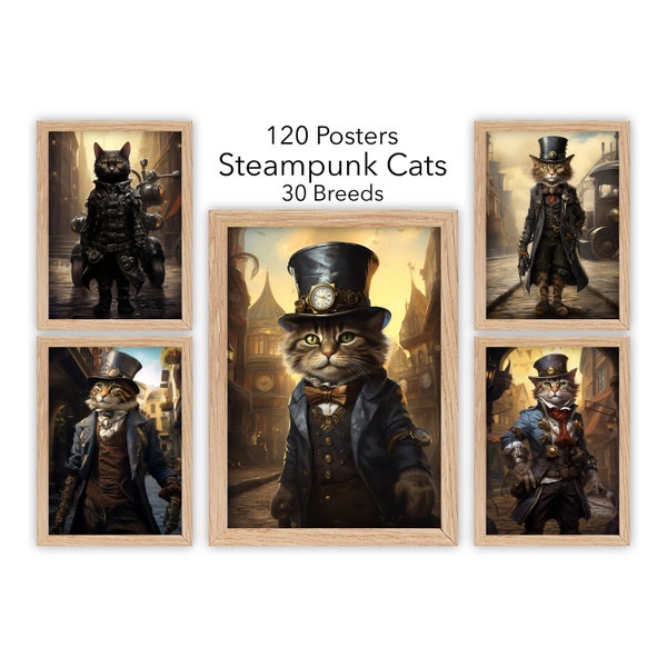 Steampunk Cats HQ Photography Digital Art Poster, Bundle of 120 Posters, Wall Art, Living Room Decor, Office Art, Printable Posters, Ai