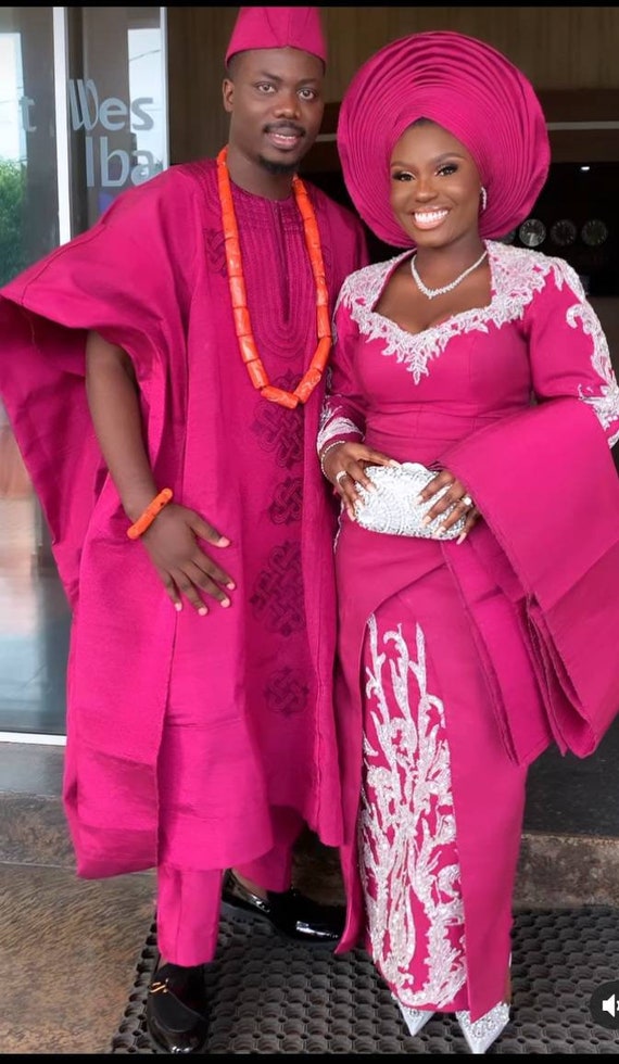 Complete Pink Aso Oke for Couples. Traditional Nigerian Aso Oke