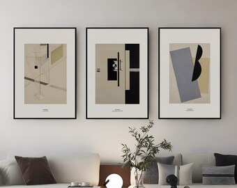 Set of 3 prints. Abstract wall art by El Lissitzky. Suprematism. Abstract forms poster. Bauhaus art print set. Bedroom wall decor.