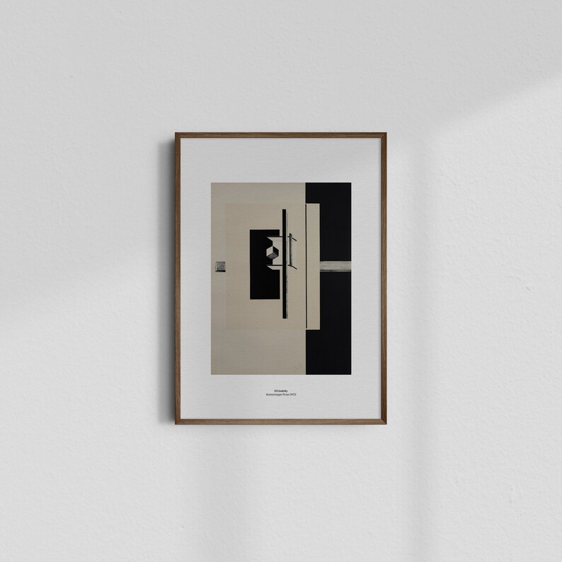 May include: A framed black and white abstract art print with the title "Stillleben" and the artist's name "Johannes Itten, 1924".