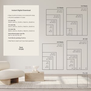 May include: A digital download of printable art prints in various sizes, including 2:3, 3:4, and 4:5 ratios. The image shows a beige armchair and a small table with a white ceramic bowl on top, set against a light gray background. The text "Instant Digital Download" is at the top of the image, and the text "bon vivant" is at the bottom of the image.
