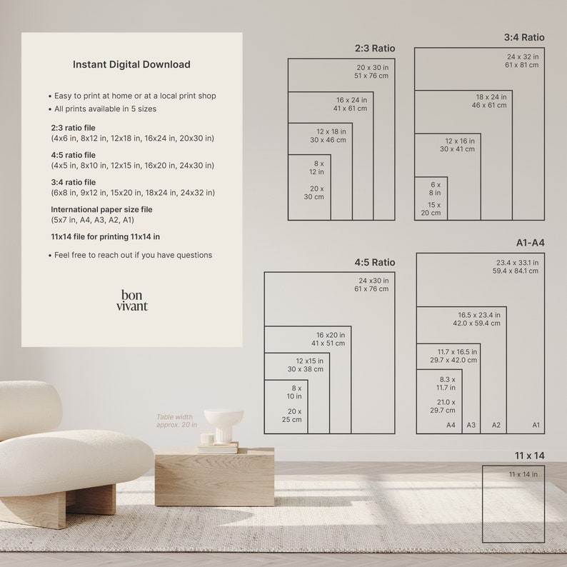 May include: A digital download of printable art prints in various sizes, including 2:3, 3:4, and 4:5 ratios. The image shows a beige armchair and a small table with a white ceramic bowl on top, set against a light gray background. The text "Instant Digital Download" is at the top of the image, and the text "bon vivant" is at the bottom of the image.