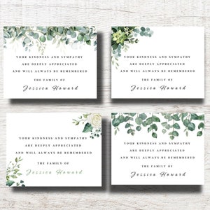 Greenery Personalized Sympathy Acknowledgement Cards, Funeral Thank You Cards, Sympathy Thank You Cards  -Set of 10 cards with envelopes