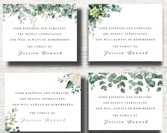 Greenery Personalized Sympathy Acknowledgement Cards, Funeral Thank You Cards, Sympathy Thank You Cards  -Set of 10 cards with envelopes