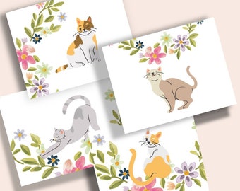Floral Cat Greeting Card Set, Blank Note Cards