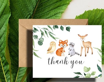 Woodland Animals Thank You Cards Greenery Baby Shower Thank You Cards - Set with Kraft envelopes