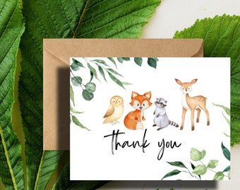 Woodland Animals Thank You Cards Greenery Baby Shower Thank You Cards - Set with Kraft envelopes