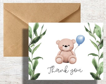 Woodland Bear Thank You Cards  Greenery Bear with Balloons Baby Shower Thank You Cards - Set with Kraft envelopes