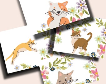 Cute Cat Floral Note Card Set, Blank Inside