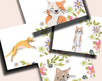 Floral Cat Blank Note Card Set, A2 Cards with Envelopes