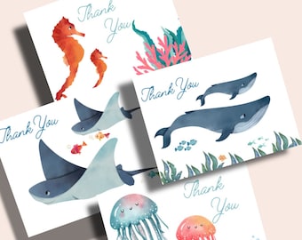 Baby Shower Assorted Note Cards | Under The Sea Baby Shower | Ocean Theme Notecards With Envelopes | 12, 24, 48