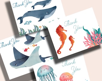 Baby Shower Assorted Note Cards | Under The Sea Baby Shower | Ocean Theme Notecards With Envelopes | 12, 24, 48