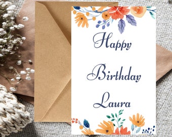 Affordable Personalized Happy birthday card, Floral birthday card, Girlfriend birthday card, Mom birthday card Custom Name Card