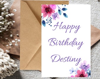 Purple Personalized Happy birthday card, Floral birthday card, Girlfriend custom birthday card, Mom birthday card Custom Name Card