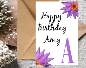 Affordable Personalized Happy birthday card, Floral birthday card Purple birthday card, Sister birthday card Custom Name Card Letter of Name