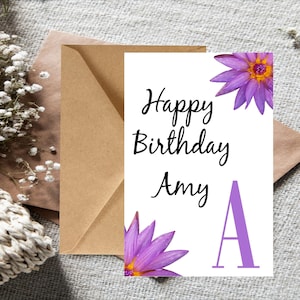 Affordable Personalized Happy birthday card, Floral birthday card Purple birthday card, Sister birthday card Custom Name Card Letter of Name
