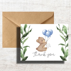 Woodland Bear baby boy Thank You Cards  Greenery Bear with Blue Balloons Baby Shower Thank You Cards - Set with Kraft envelopes