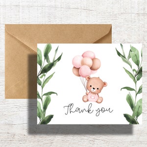 Woodland Bear Babygirl Pink Thank You Cards  Greenery Bear with Pink Balloons Baby Shower Thank You Cards - Set with Kraft envelopes