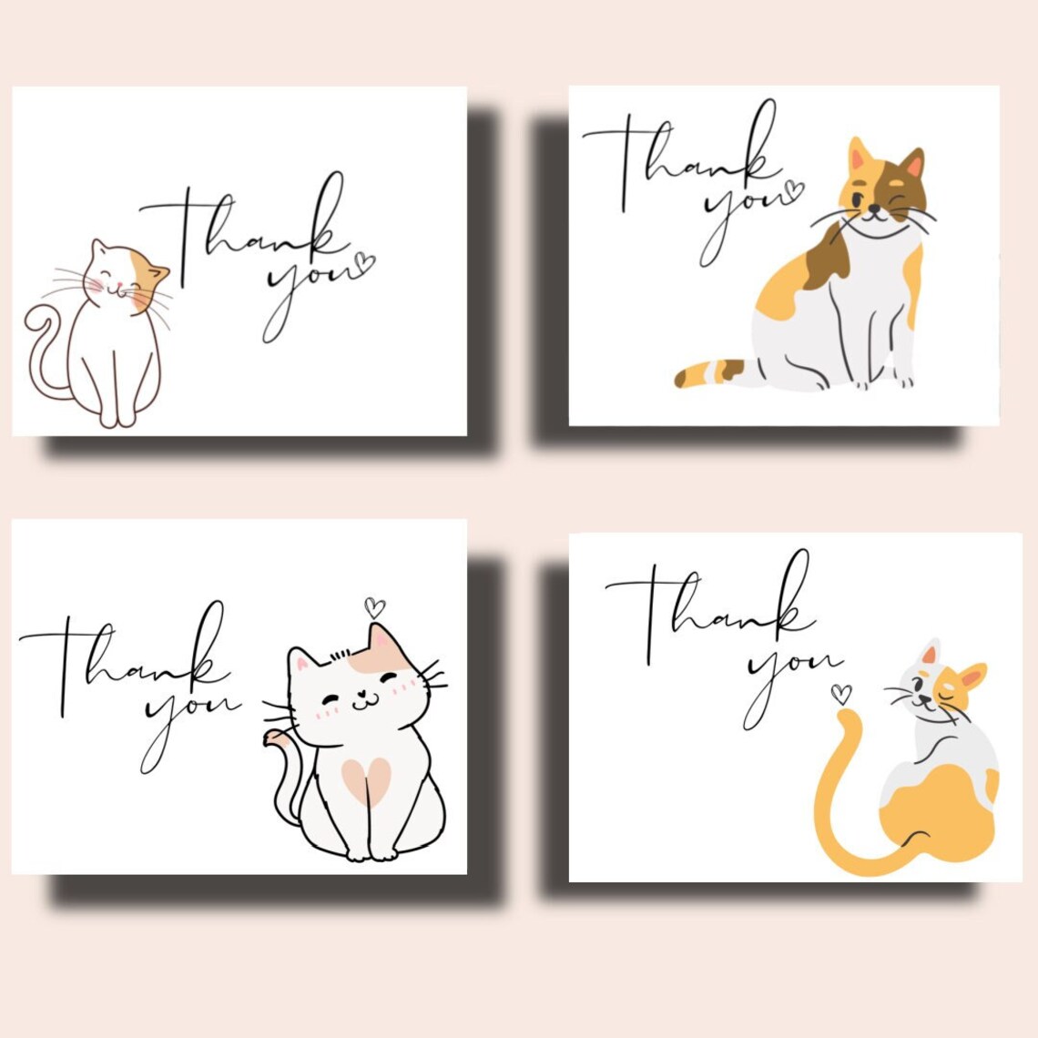Cute Cat Thank You Cards Set With Kraft Envelopes - Etsy