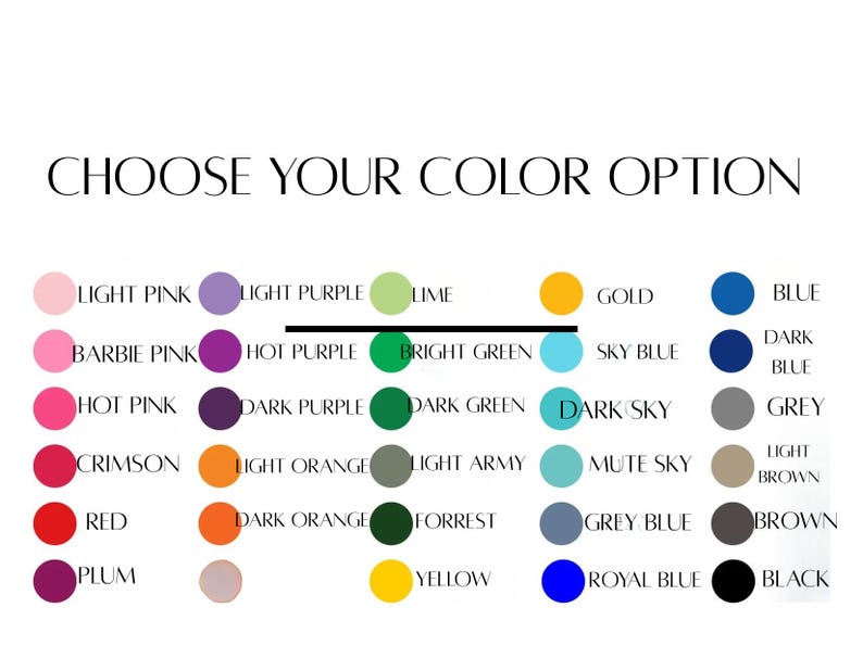 May include: A white background with the text "CHOOSE YOUR COLOR OPTION" above a grid of color swatches. The swatches include various shades of pink, purple, green, blue, orange, brown, and black, with each color labeled.