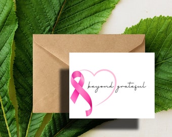 Breast Cancer Awareness Ribbon Thank You cards Pink Beyond Grateful Thank You Note Cards - Set with Kraft/White envelopes