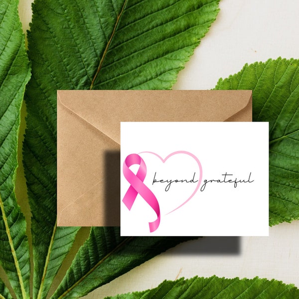 Breast Cancer Awareness Ribbon Thank You cards Pink Beyond Grateful Thank You Note Cards - Set with Kraft/White envelopes