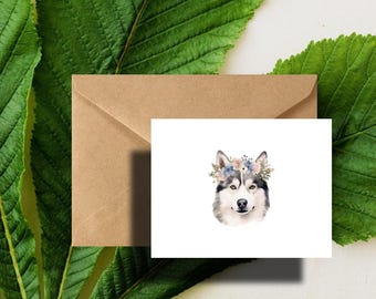 Siberian Husky Dog Floral Note Cards Set with Kraft Envelopes included - Gift for Husky  dog lovers
