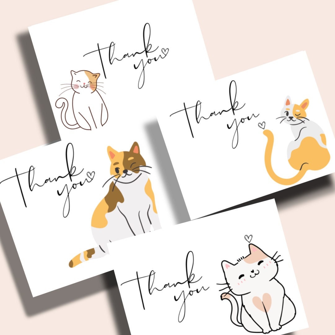 Adorable Cat Thank You Card Set, Cute Kittens Blank Note Cards With